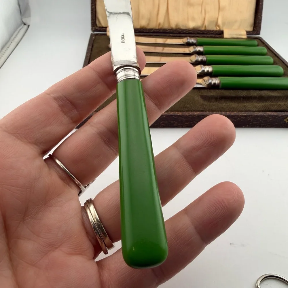 EPNS Green Silver Plate Bakelite Tea Knife Set Vintage Art Deco Case 6pc